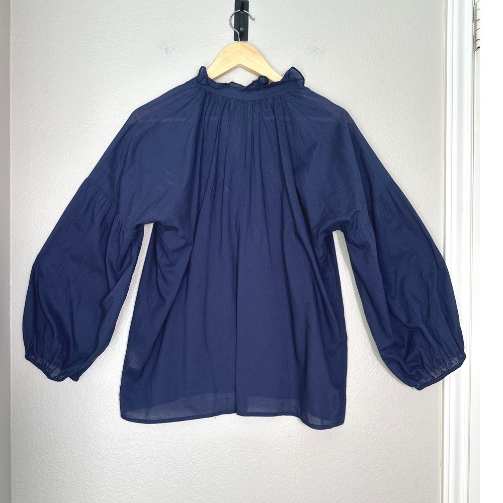 Apiece Apart Popover Cotton Blouse 8 Navy Blue Peasant 3/4 Balloon Sleeve Top - Picture 2 of 11